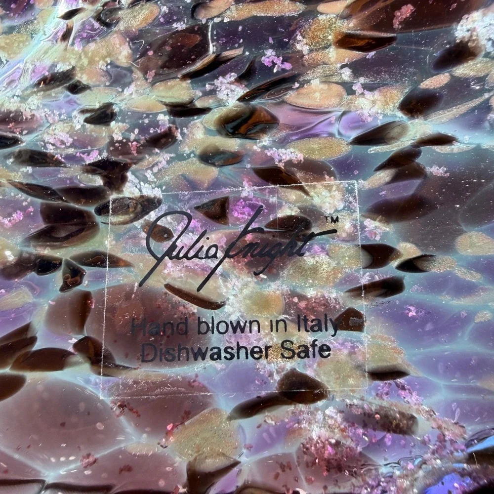 Julia Knight Hand Blown Italy Art Glass Bowl Dish Purple Amber‎ Silver Confetti